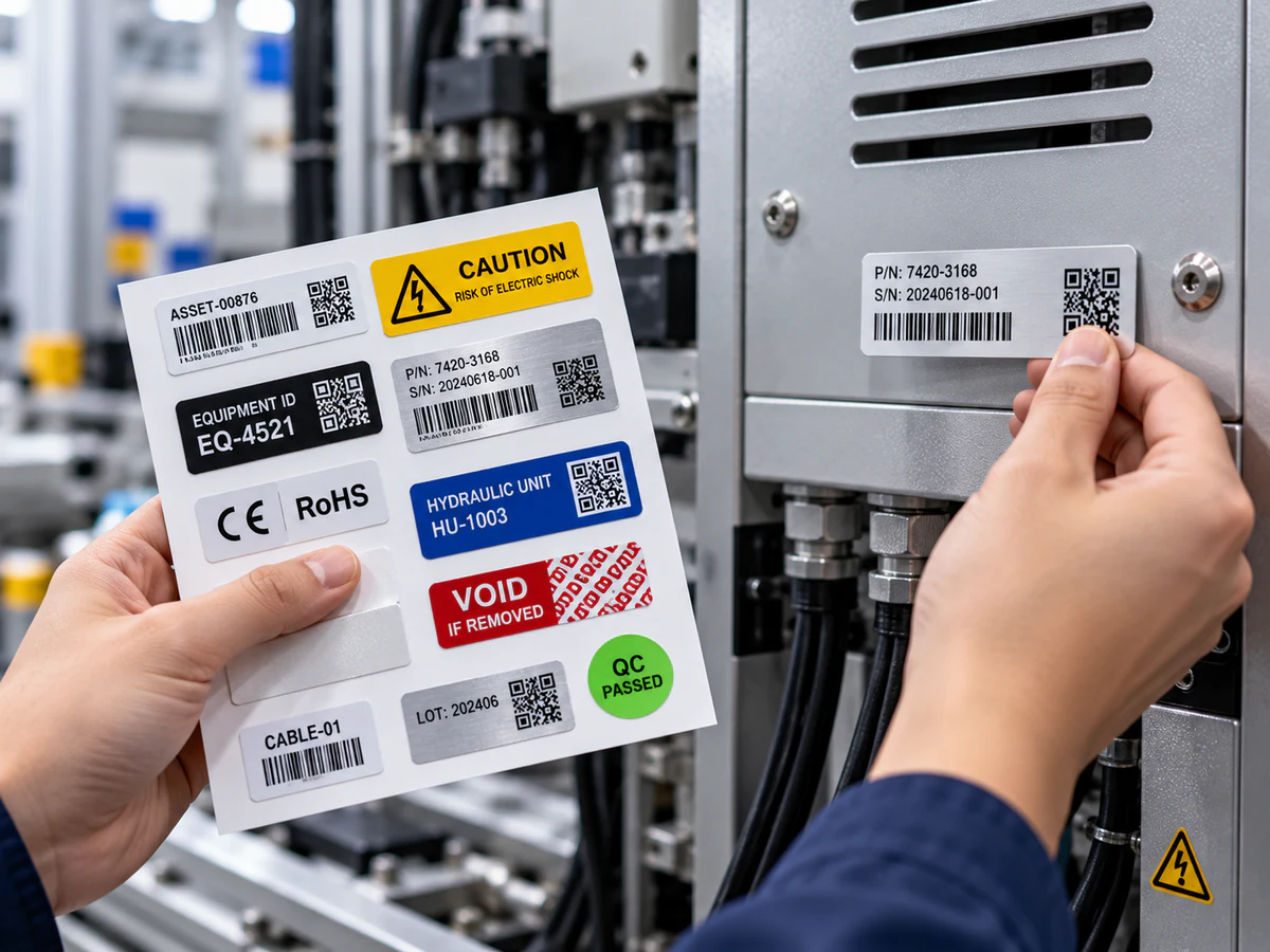 Reviewing a printed label sample against an industrial component surface.