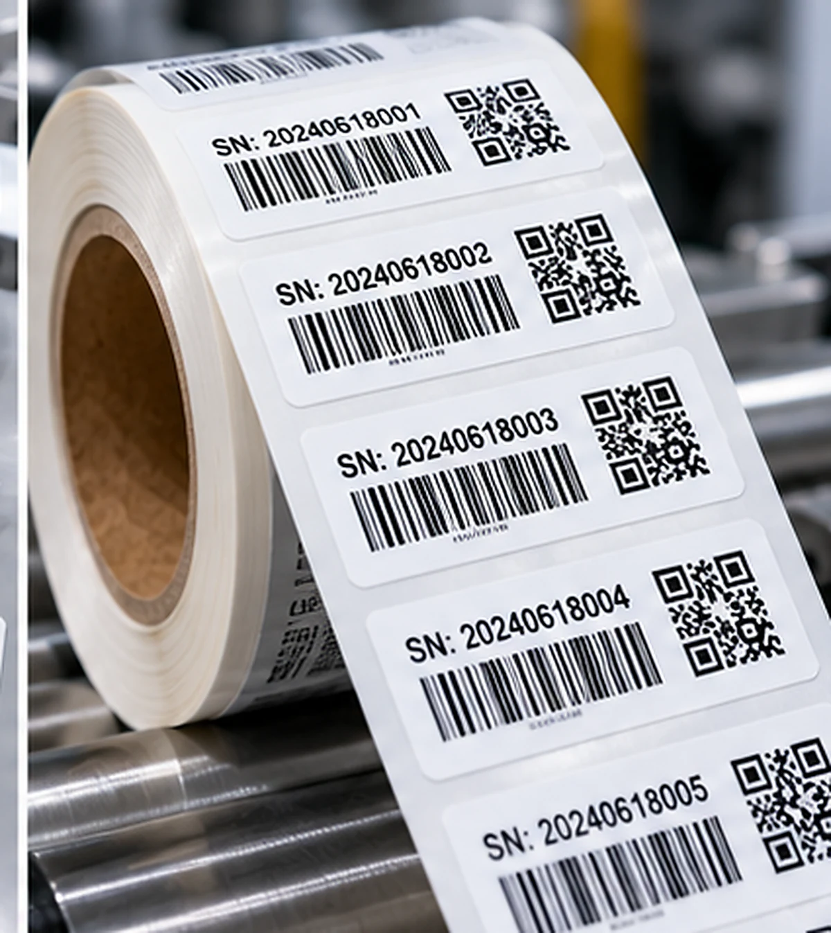 Finished identification labels with code patterns and serial markings on release liner.