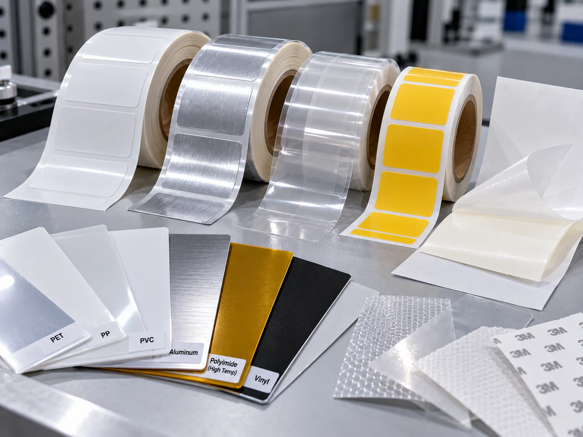 Thin printed label, release liner and protective film samples beside a coated-metal coupon.