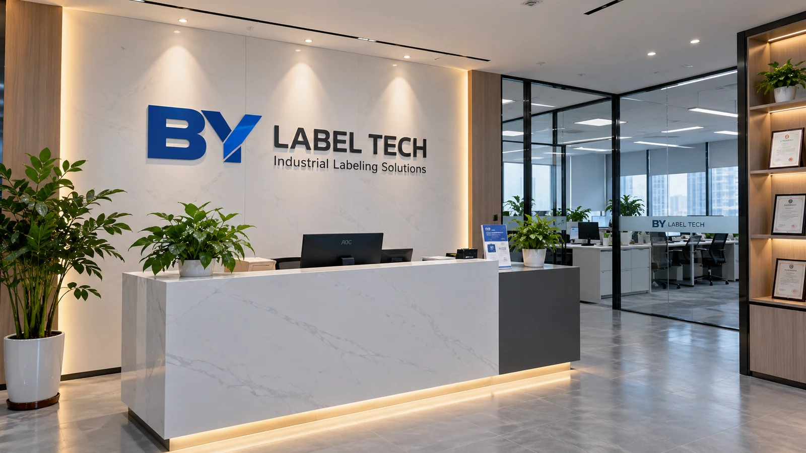 BY Label Tech brand presentation showing a reception interior