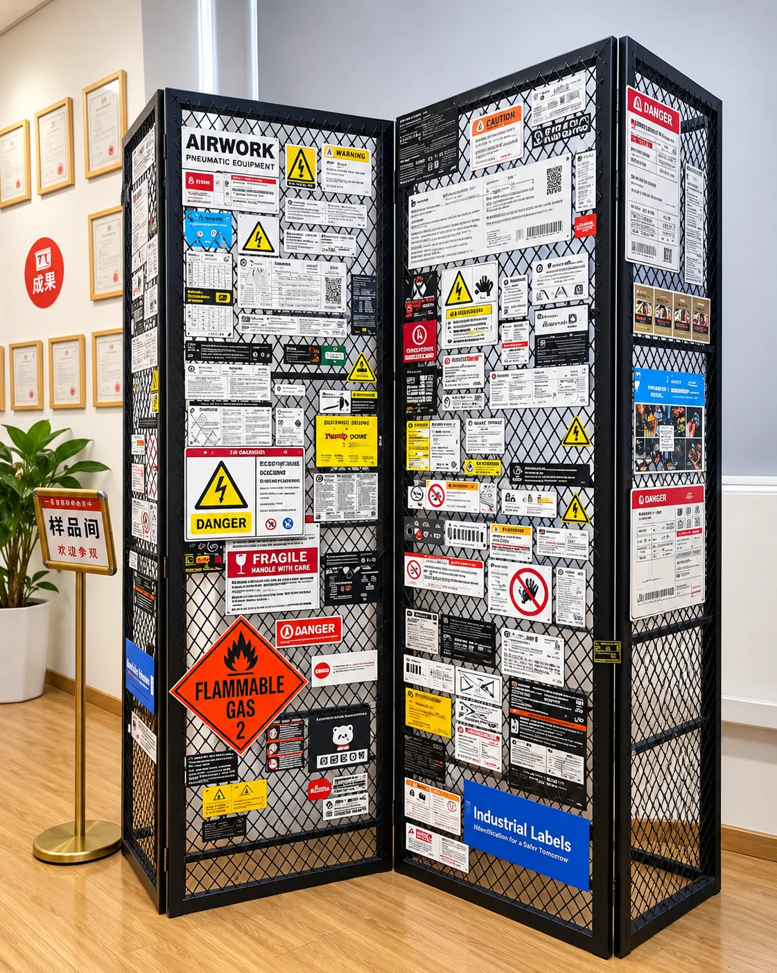 Display of industrial identification, warning and equipment label samples