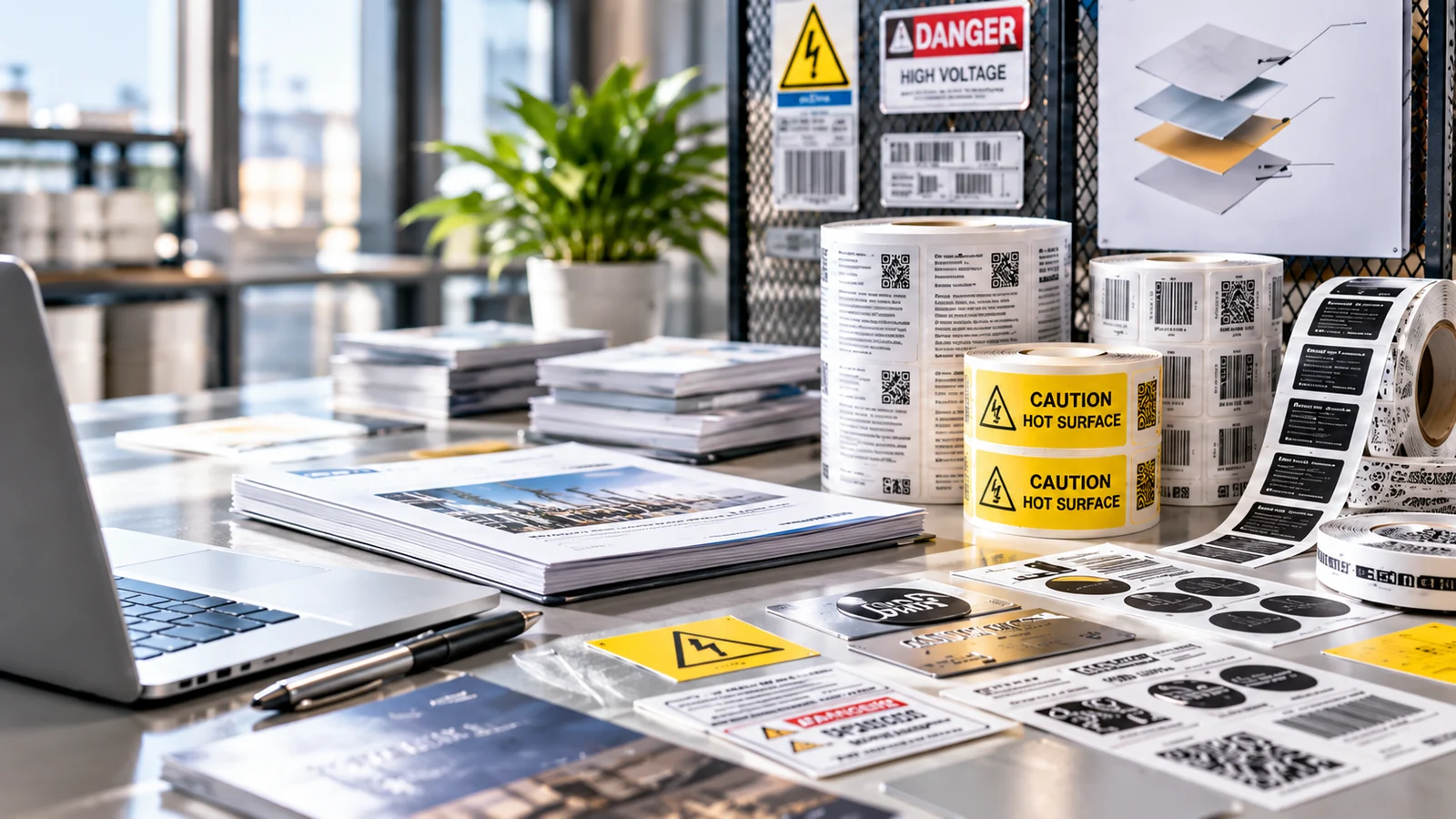Finished industrial labels in rolls and sheets with printed equipment and warning identification