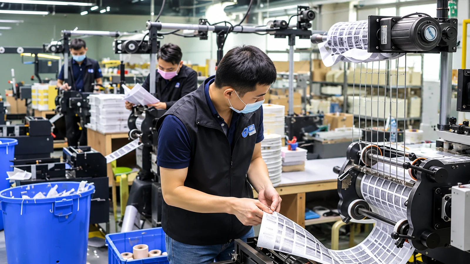 Operators reviewing printed label rolls at a converting workstation