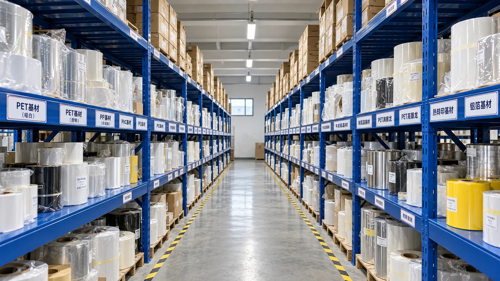 Roll materials arranged on labeled storage racks