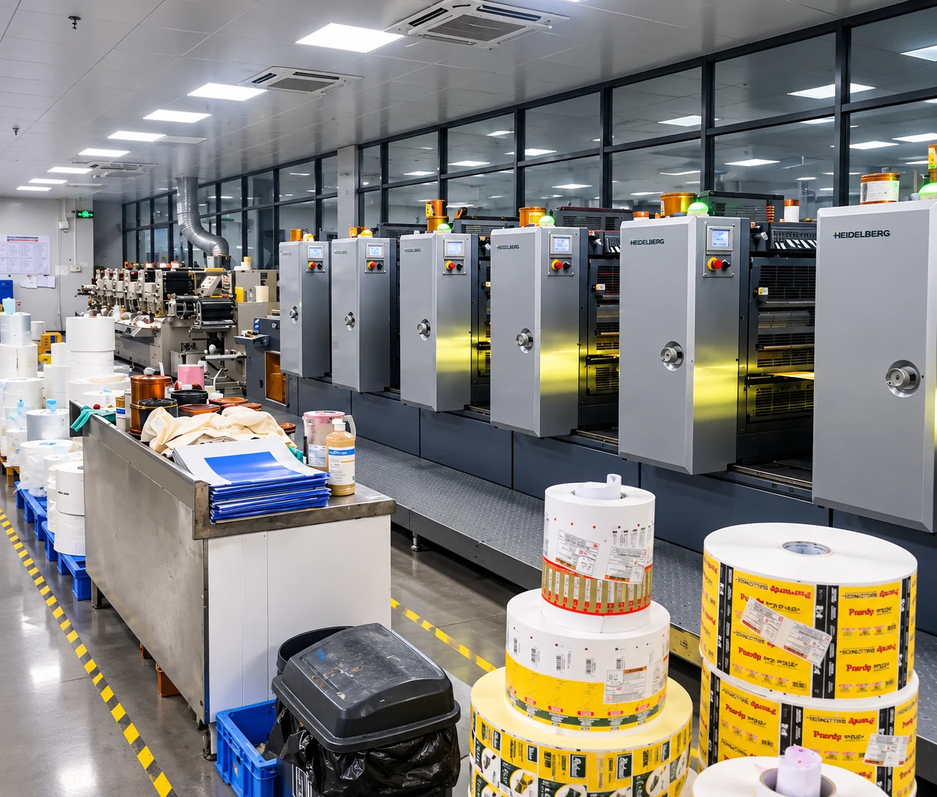 Label-printing equipment with printed rolls at the workstation