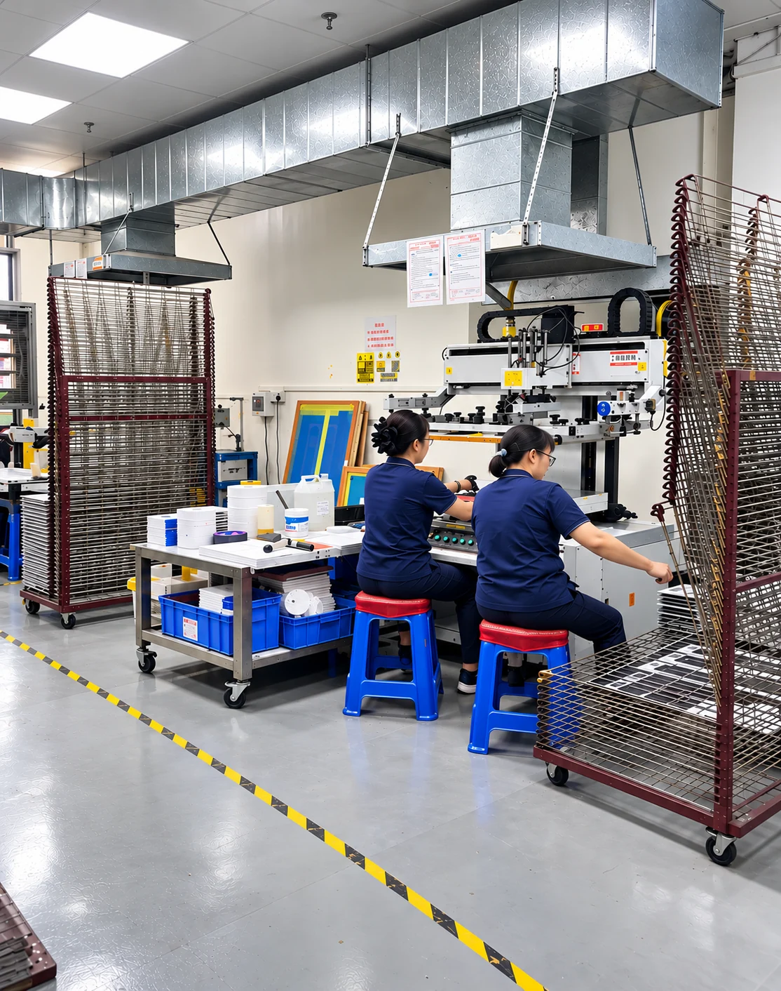 Operators working at printing equipment beside drying racks