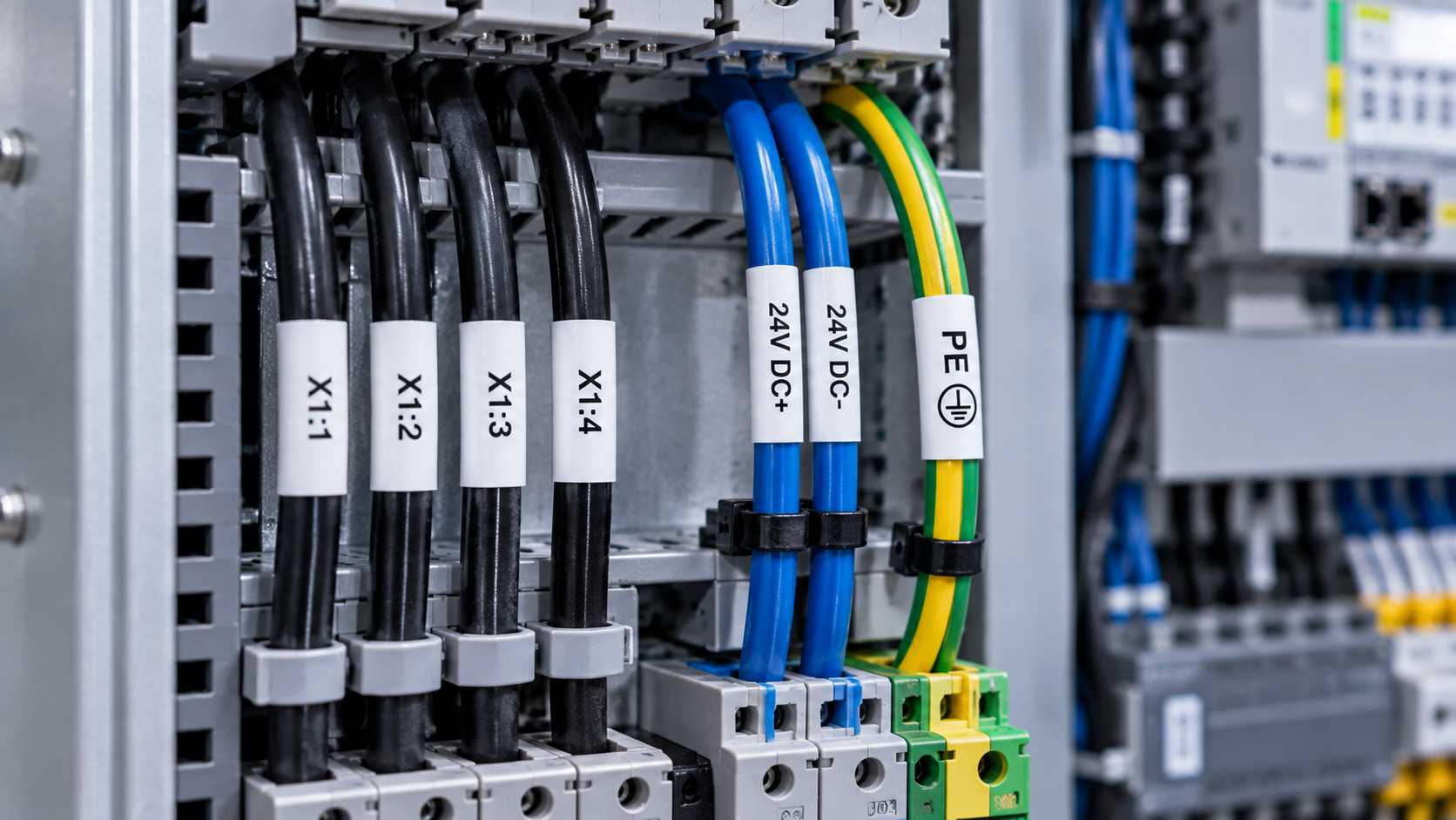 White wire identification markers on black, blue, and green-yellow conductors in an electrical enclosure