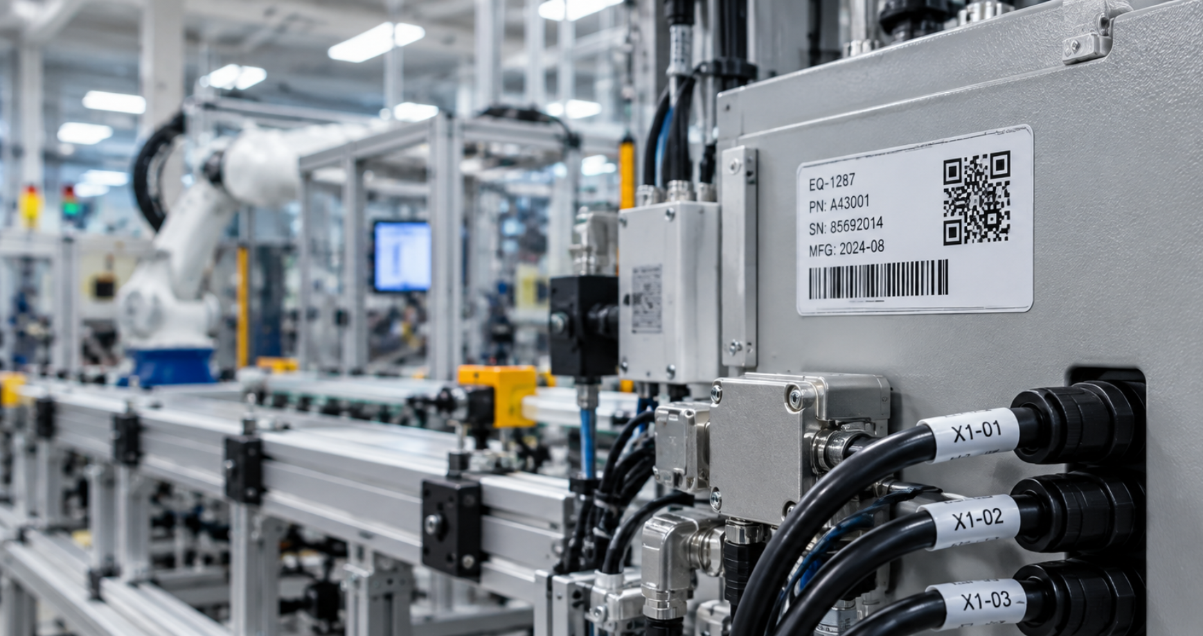Equipment identifier and marked cables on an enclosure beside an automated assembly line.