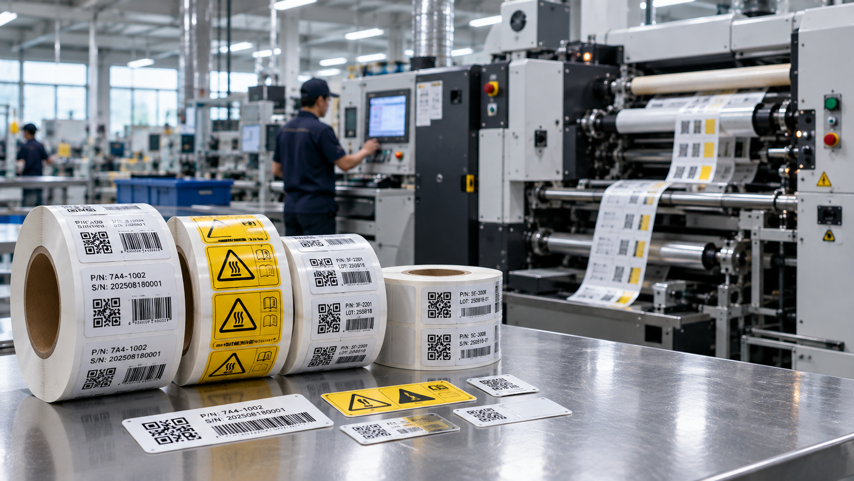 Rolls and sheets of industrial identification labels on a workbench with printing equipment behind