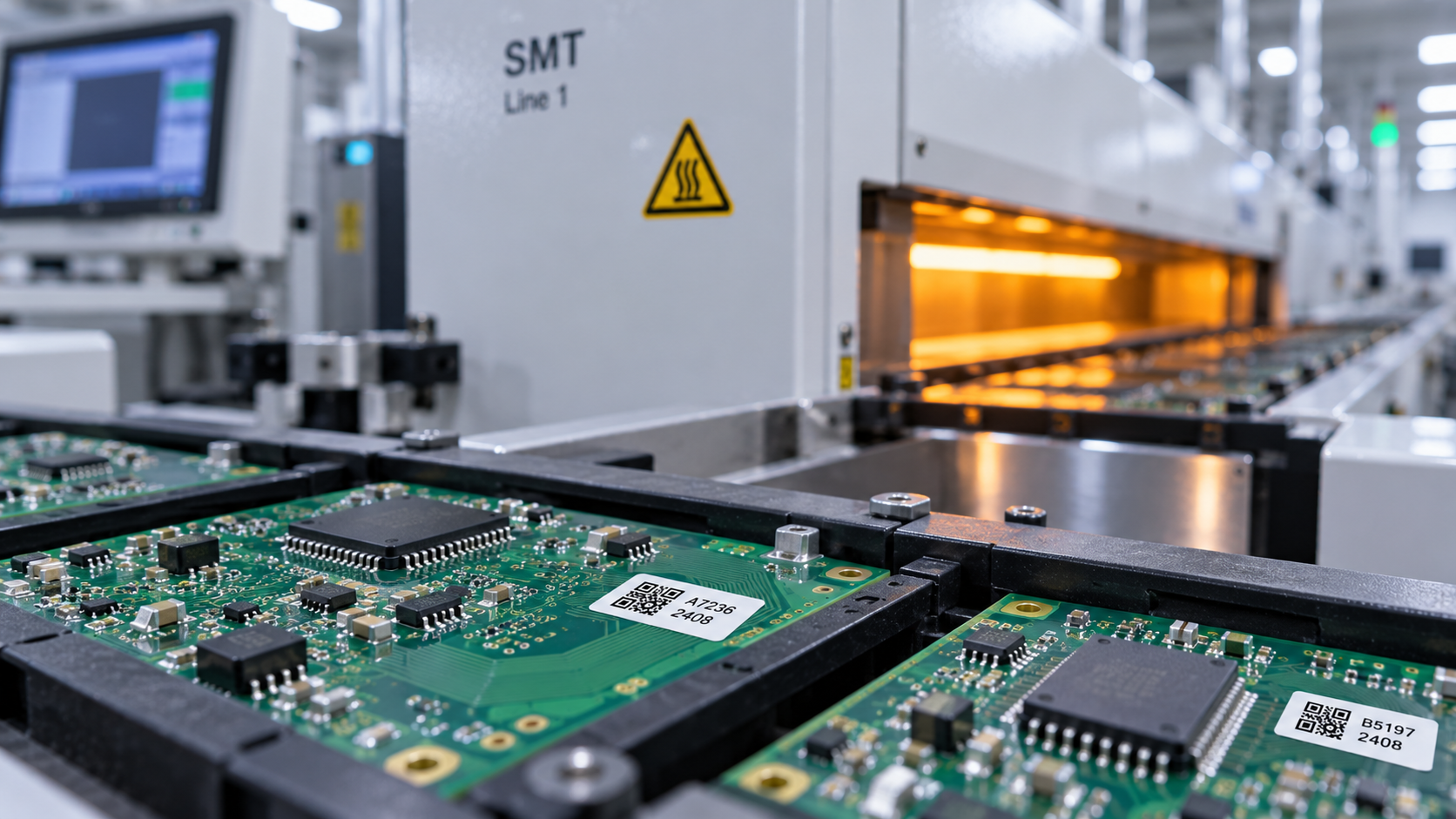 Identification labels on circuit boards beside electronics processing equipment