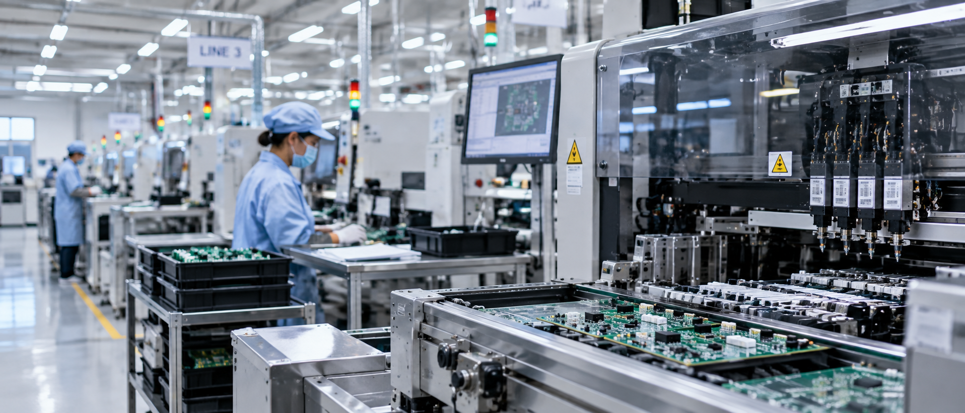 Circuit boards, assembly equipment, and operators in an electronics manufacturing environment