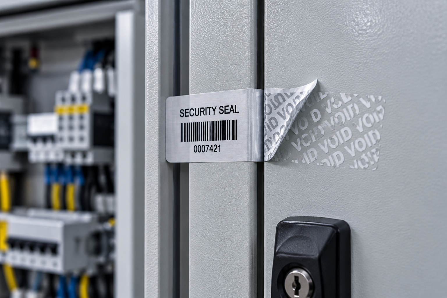 Partially lifted security seal leaving a visible VOID pattern across an equipment enclosure seam