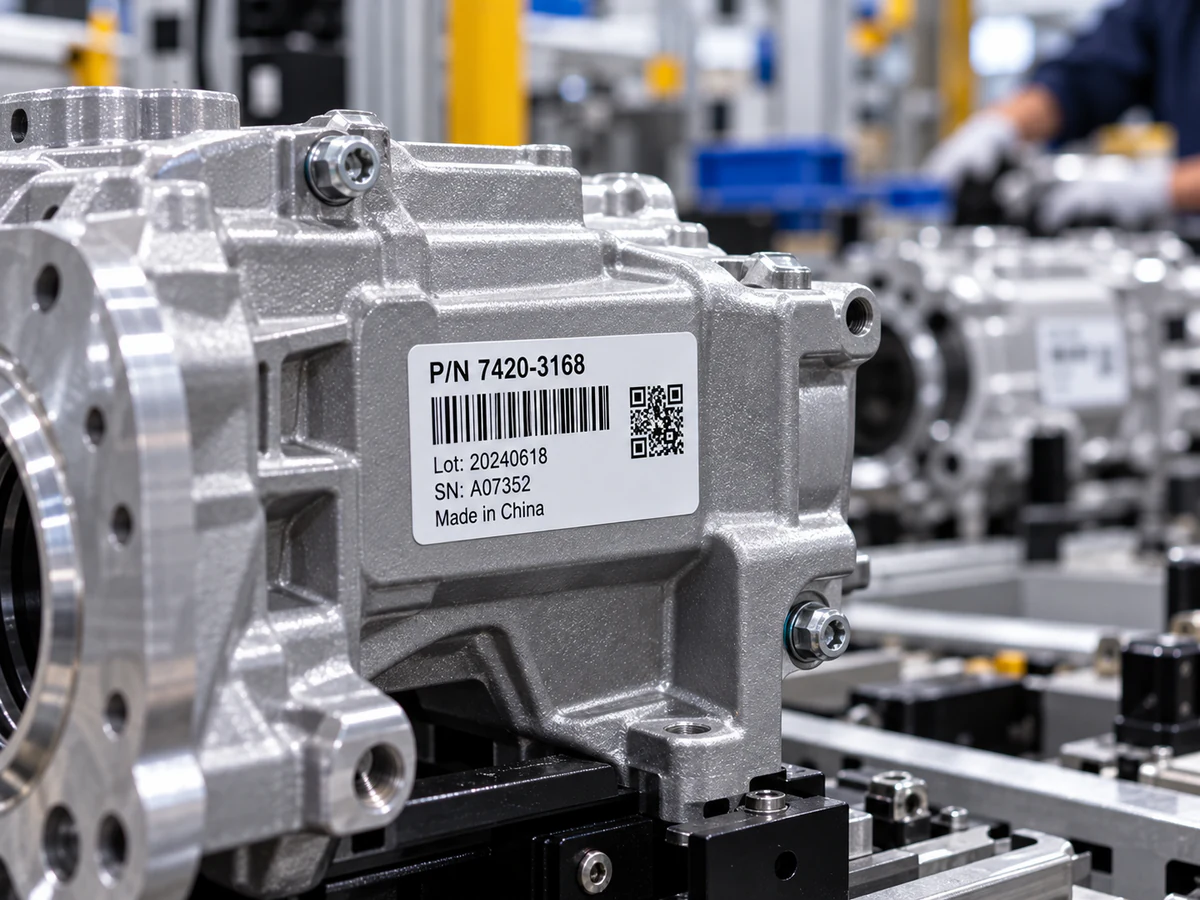 Lot identification label on an automotive component housing.