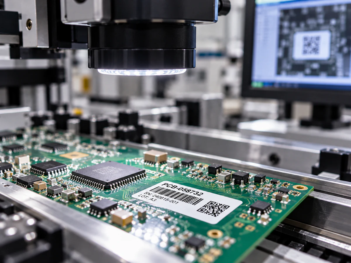 Traceability label in a clear area of a circuit board at an inspection station.
