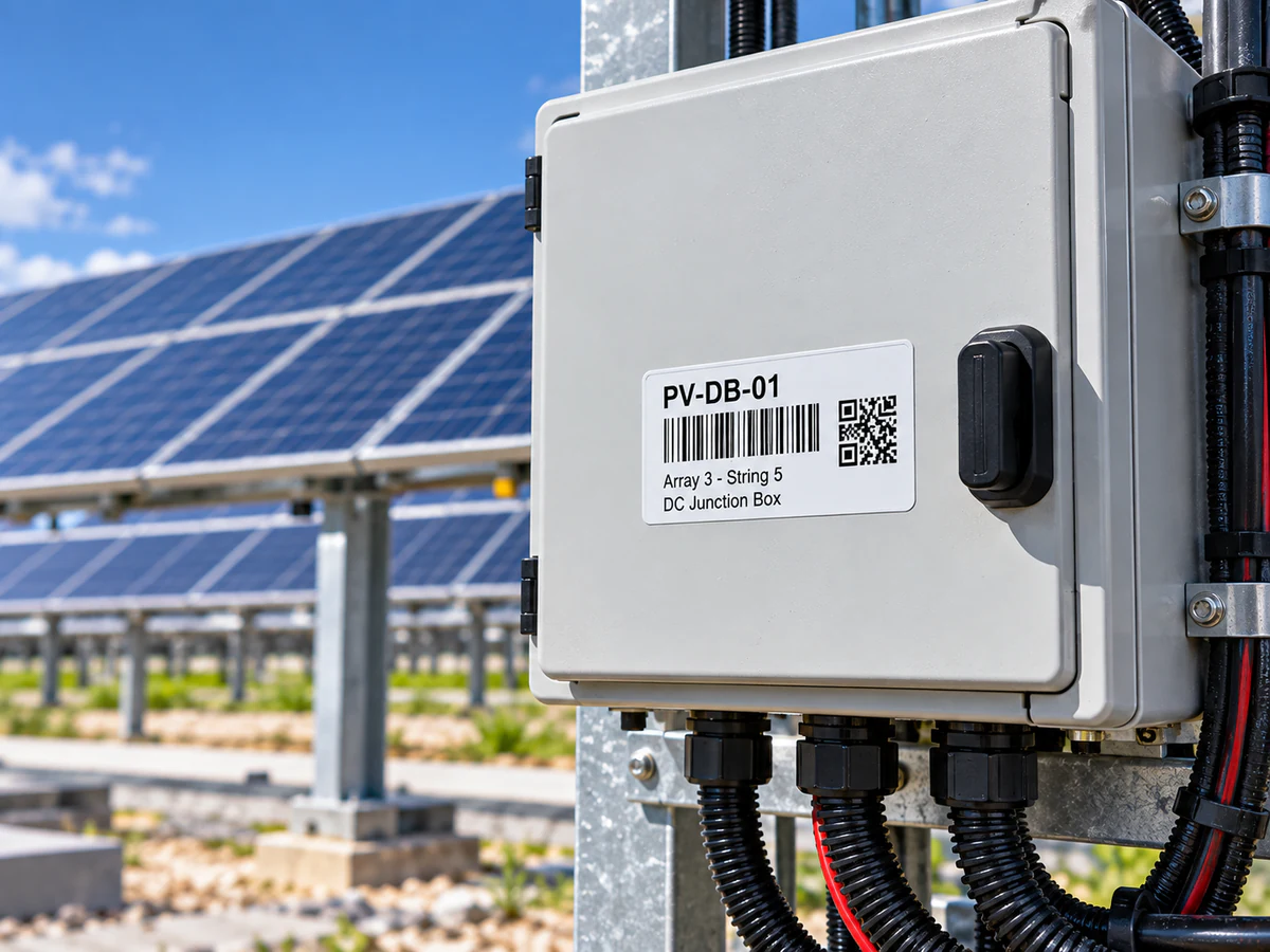 Adhesive equipment identifier on an outdoor enclosure beside solar panels.