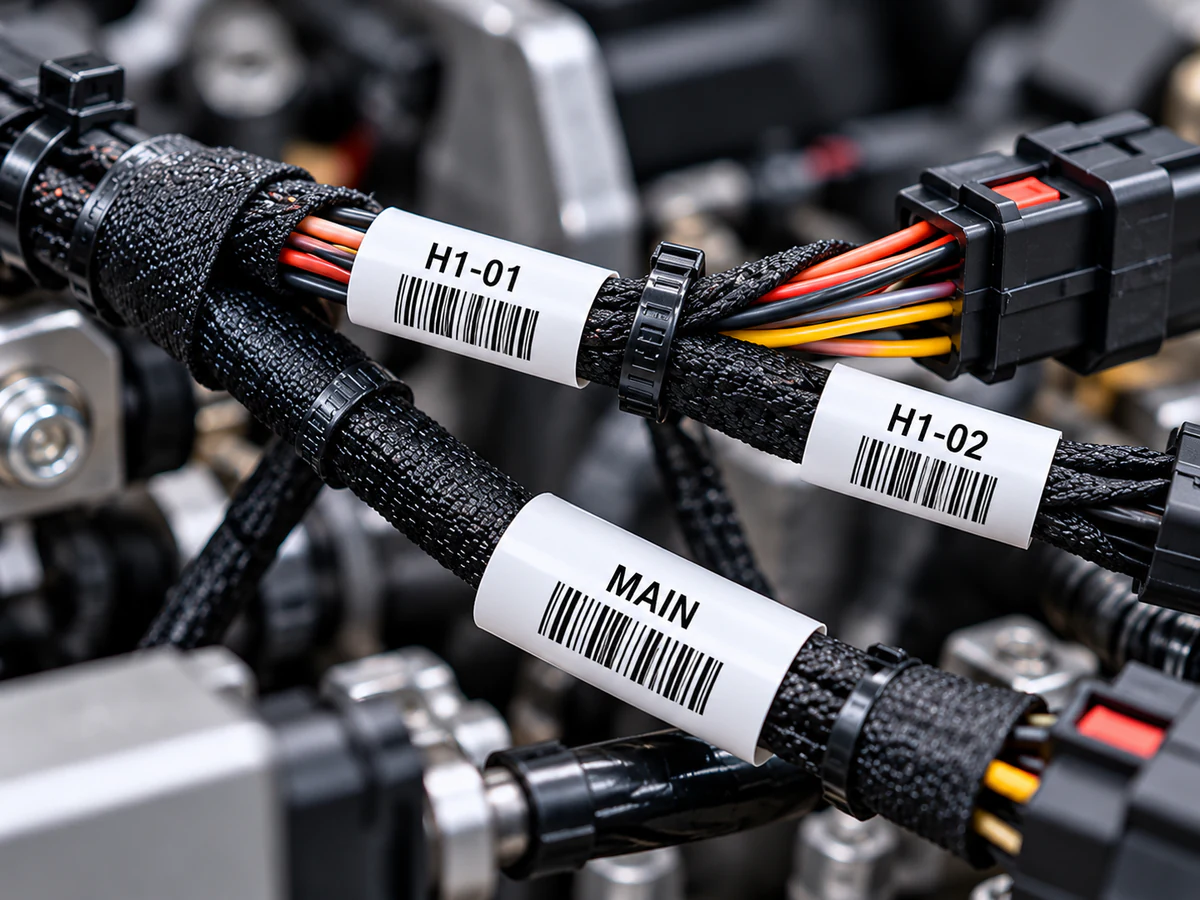 Adhesive identification labels on branches of a wire harness.