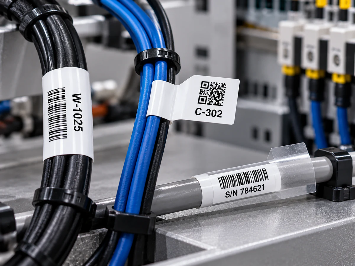 Wrap-around and flag identification labels on cable samples.