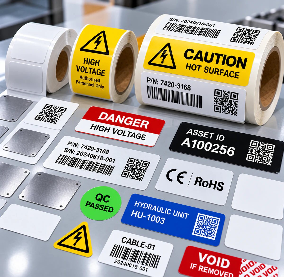 Custom printed industrial label set beside labeled component samples.