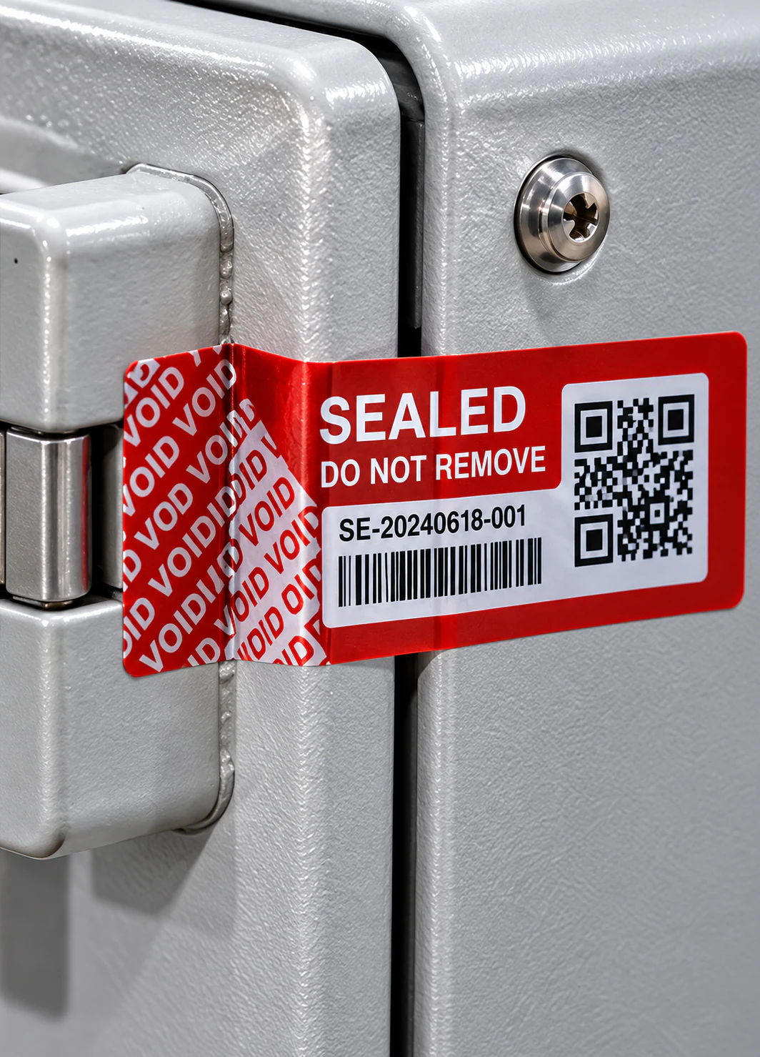 Intact adhesive security seal spanning an equipment cover seam.