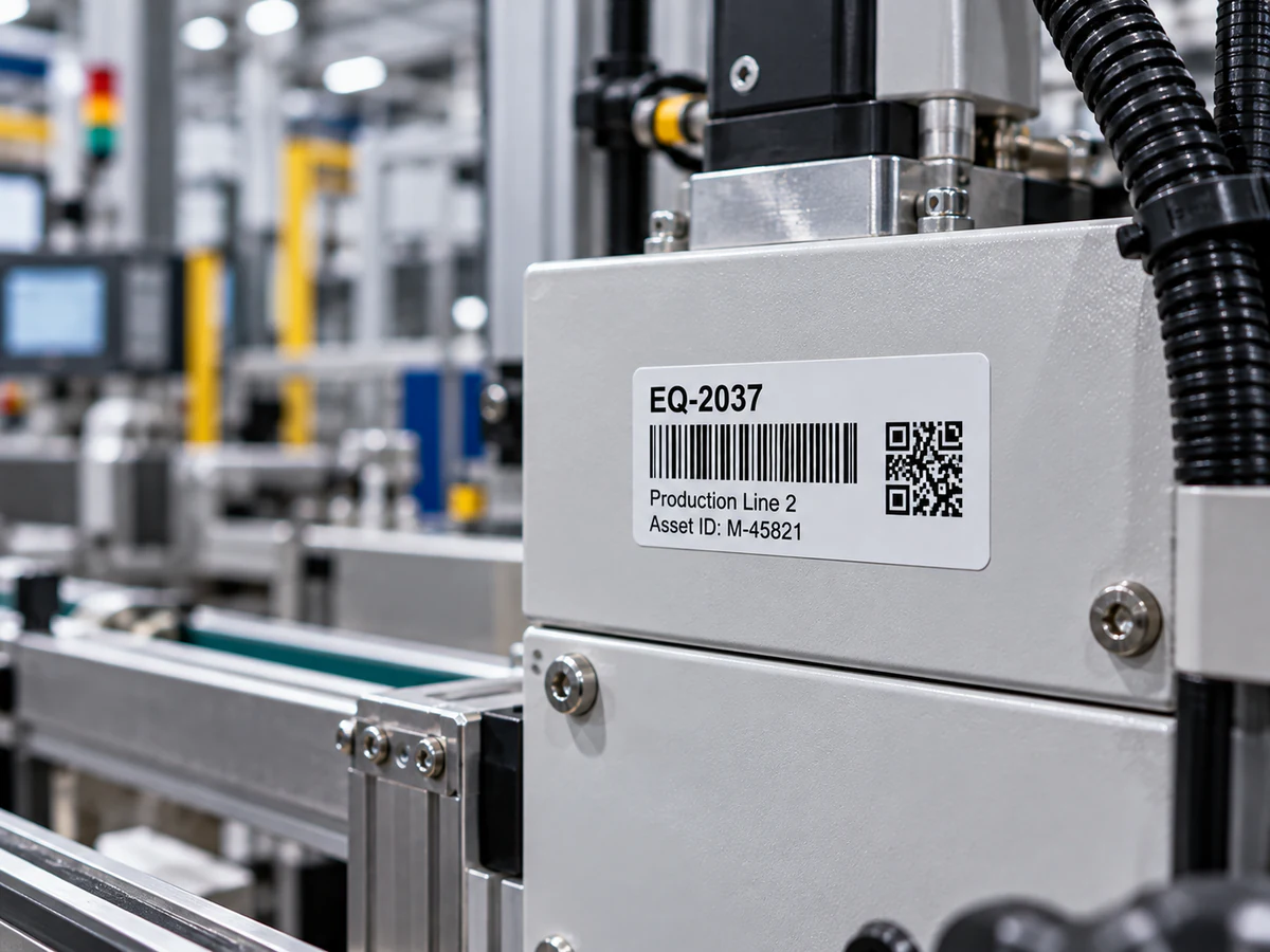 Thin adhesive serial label on a painted machine housing.
