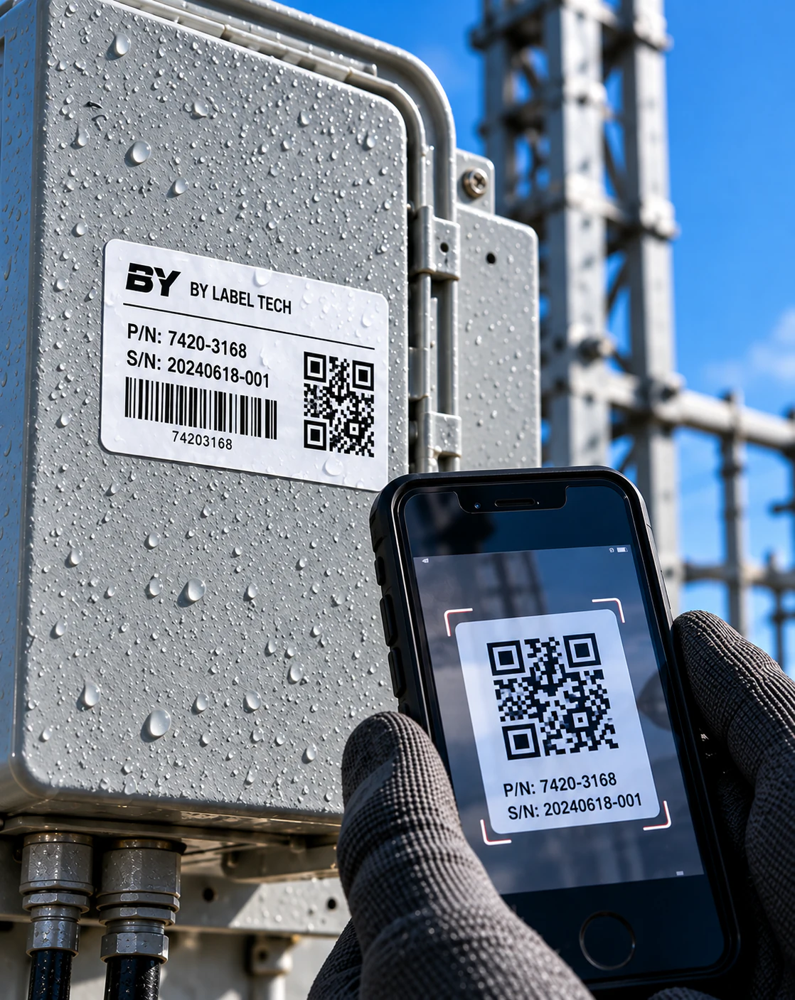 Scanning an adhesive asset identifier on installed outdoor equipment.