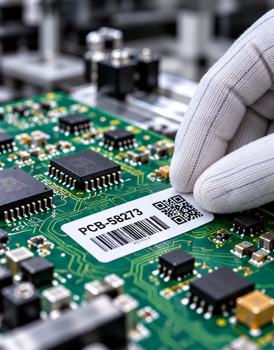 Labeled circuit board in a carrier at an electronics processing station.