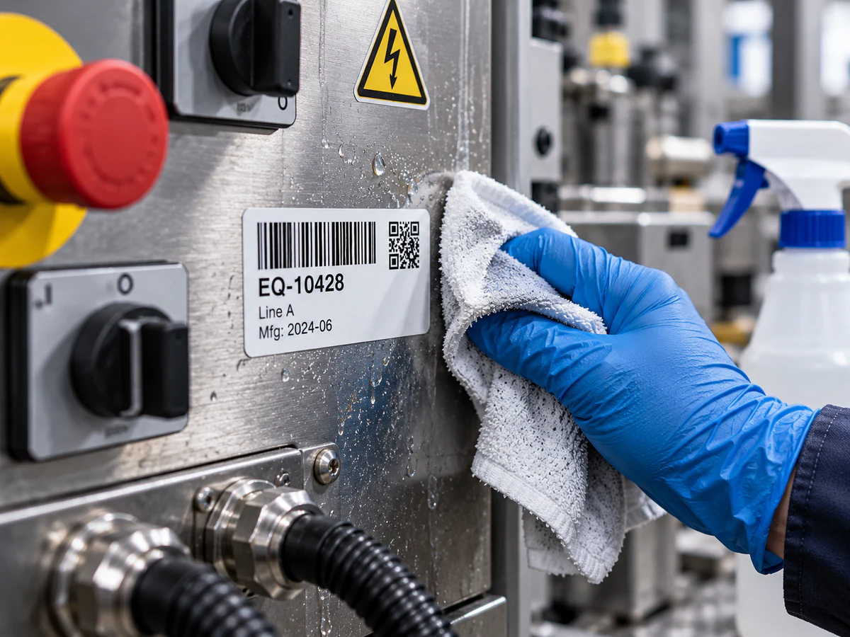 Printed identification label on an equipment panel beside a maintenance cloth.