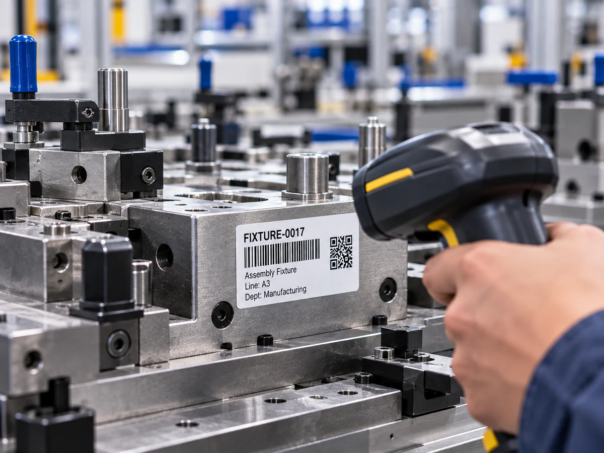 Handheld scanner aimed at an adhesive asset label on a manufacturing fixture.